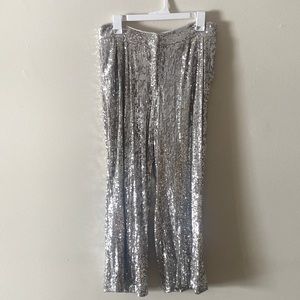 High waisted cropped silver glitter trouser pants